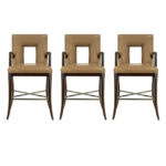 Set of 3 CENTURY Wood Framed Bar Stools in Tan Leather