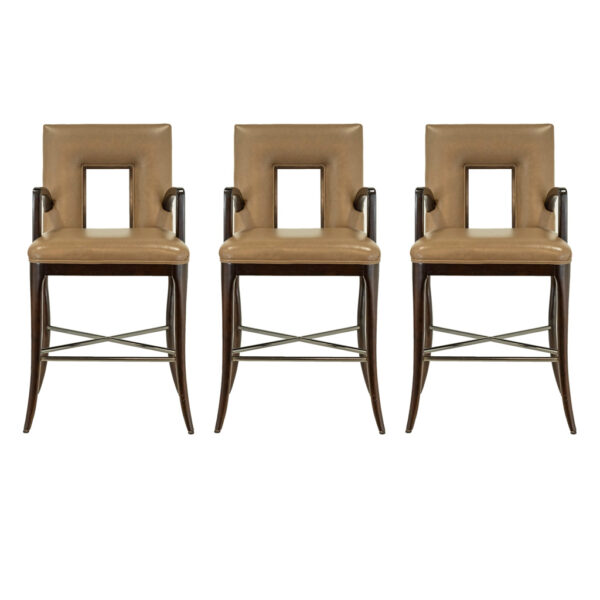 Set of 3 CENTURY Wood Framed Bar Stools in Tan Leather - Image 1