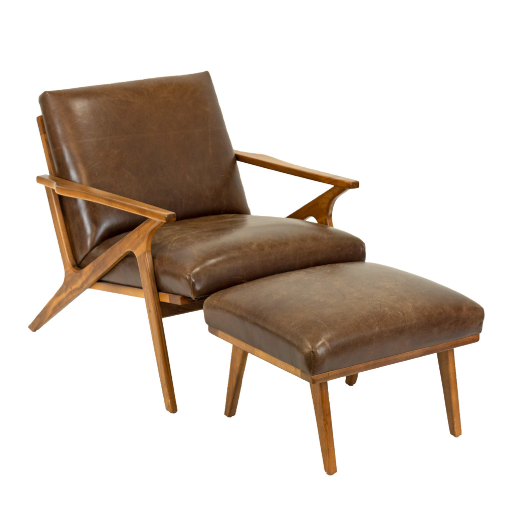 CRATE BARREL Mid Century Style Chair and Ottoman in Brown