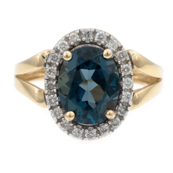 London Blue Topaz Ring with Diamonds and Rainbow Gemstone Gallery in 14 Karat Gold - Image 1