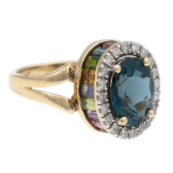 London Blue Topaz Ring with Diamonds and Rainbow Gemstone Gallery in 14 Karat Gold - Image 3