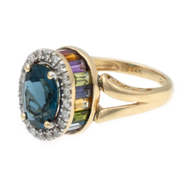 London Blue Topaz Ring with Diamonds and Rainbow Gemstone Gallery in 14 Karat Gold - Image 4