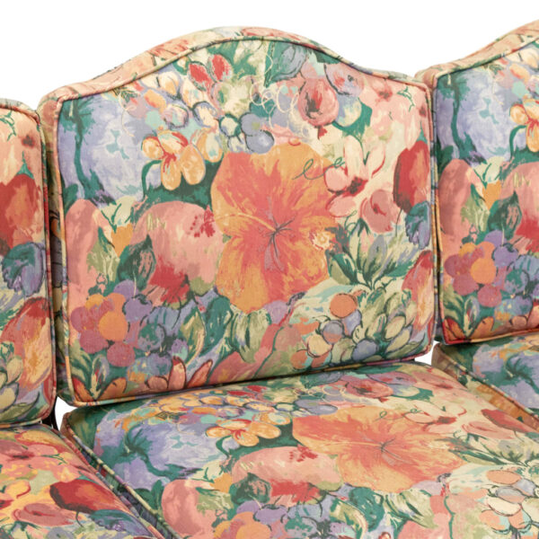 Vintage Wrought Iron Outdoor Sofa with Floral Cushions - Image 3