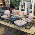 Vintage Wrought Iron Outdoor Sofa with Floral Cushions - Image 7