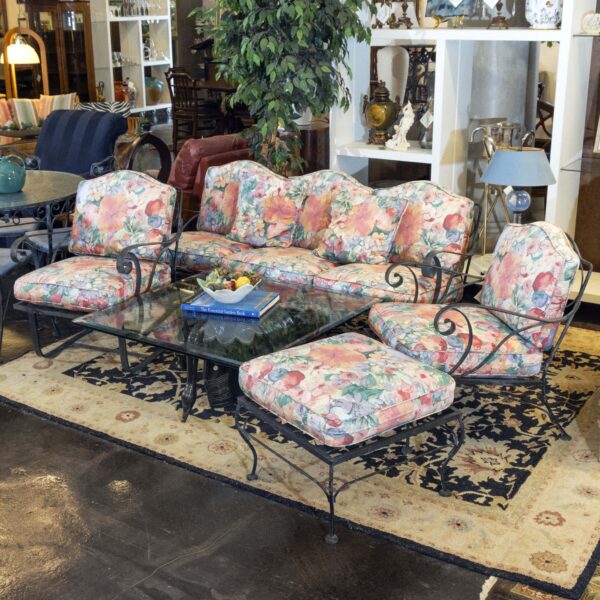 Vintage Wrought Iron Outdoor Sling Chair with Floral Cushions - Image 6