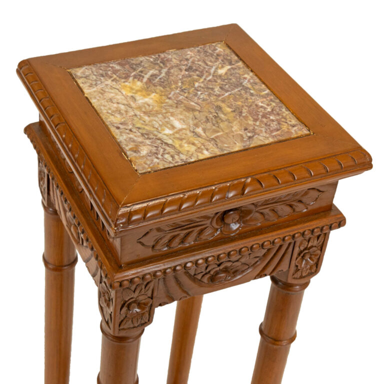 Square Carved Wood Accent Table With Inset Marble Top Grandview