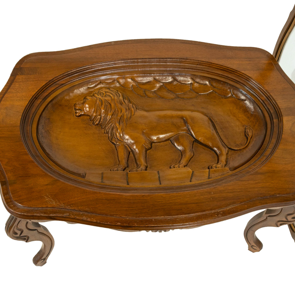 Vintage Walnut Coffee Table with Carved Lion and Glass Top