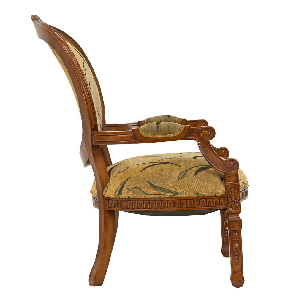 Carved Wood Armchair in Green and Gold Floral Upholstery