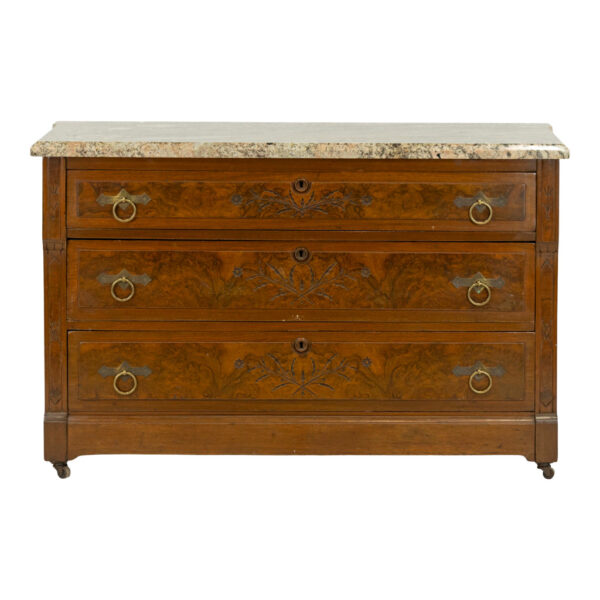 Antique Eastlake Victorian Burl Walnut 3 Drawer Chest with Marble Top - Image 1