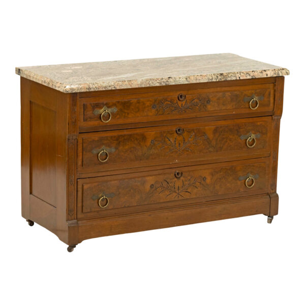 Antique Eastlake Victorian Burl Walnut 3 Drawer Chest with Marble Top - Image 3