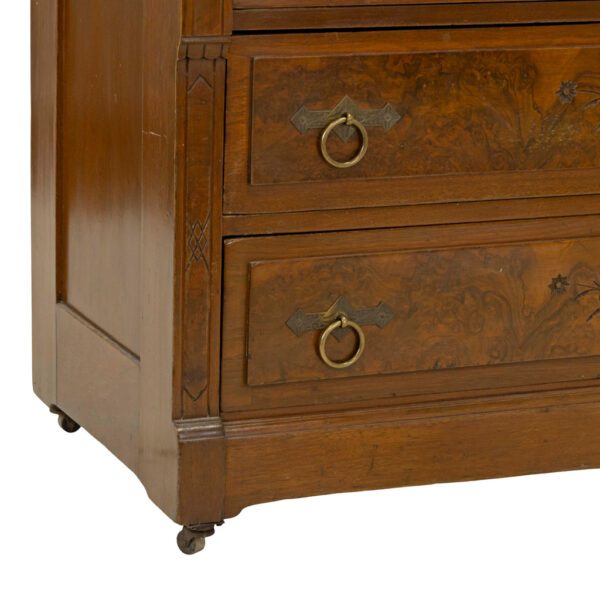 Antique Eastlake Victorian Burl Walnut 3 Drawer Chest with Marble Top - Image 6