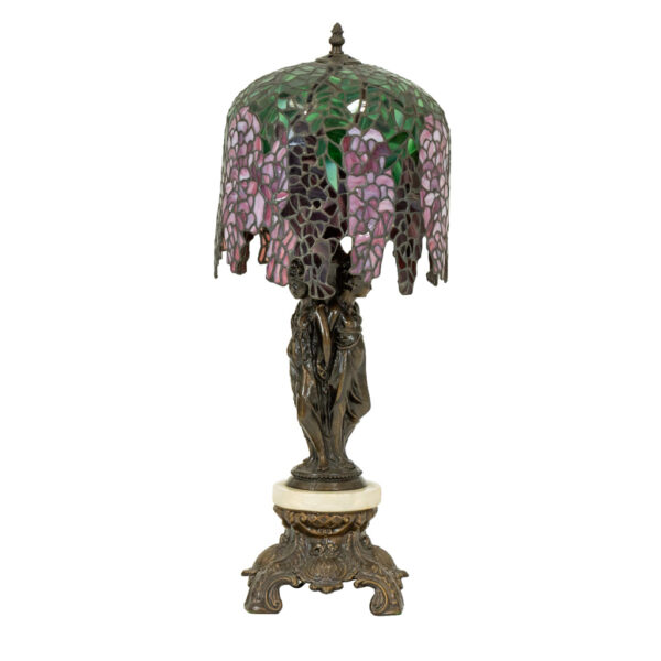 Vintage “Three Graces” Table Lamp with Wisteria Stained Glass Shade - Image 1