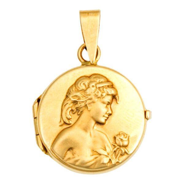 14 Karat Yellow Gold Locket with Woman’s Profile - Image 1