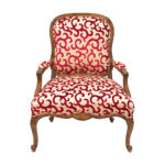 French Wood Frame Armchair with Red Scroll on Gold Upholstery