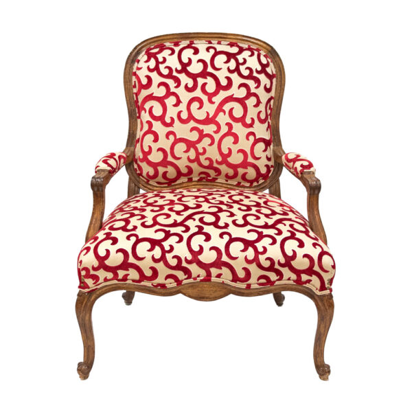 French Wood Frame Armchair with Red Scroll on Gold Upholstery - Image 1