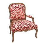French Wood Frame Armchair with Red Scroll on Gold Upholstery - Image 4