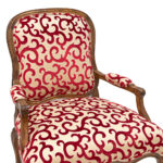 French Wood Frame Armchair with Red Scroll on Gold Upholstery - Image 2