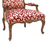 French Wood Frame Armchair with Red Scroll on Gold Upholstery - Image 3