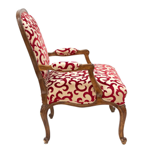 French Wood Frame Armchair with Red Scroll on Gold Upholstery - Image 5
