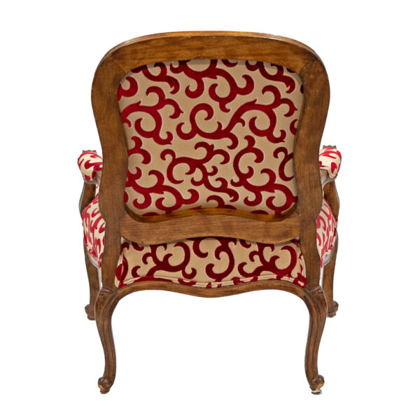 French Wood Frame Armchair with Red Scroll on Gold Upholstery - Image 6