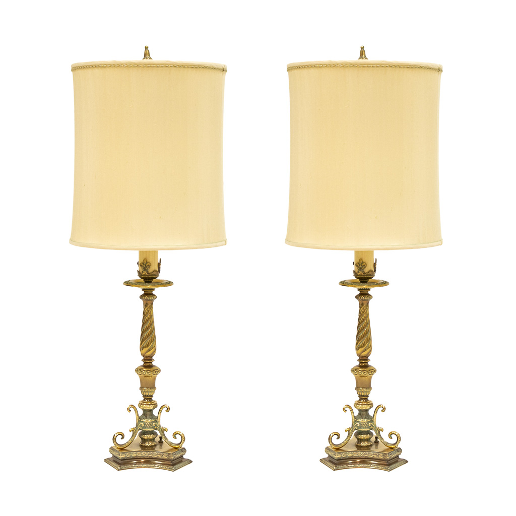 Brass Candlestick Lamps, Pair of Vintage Brass Table Lamps, Set of