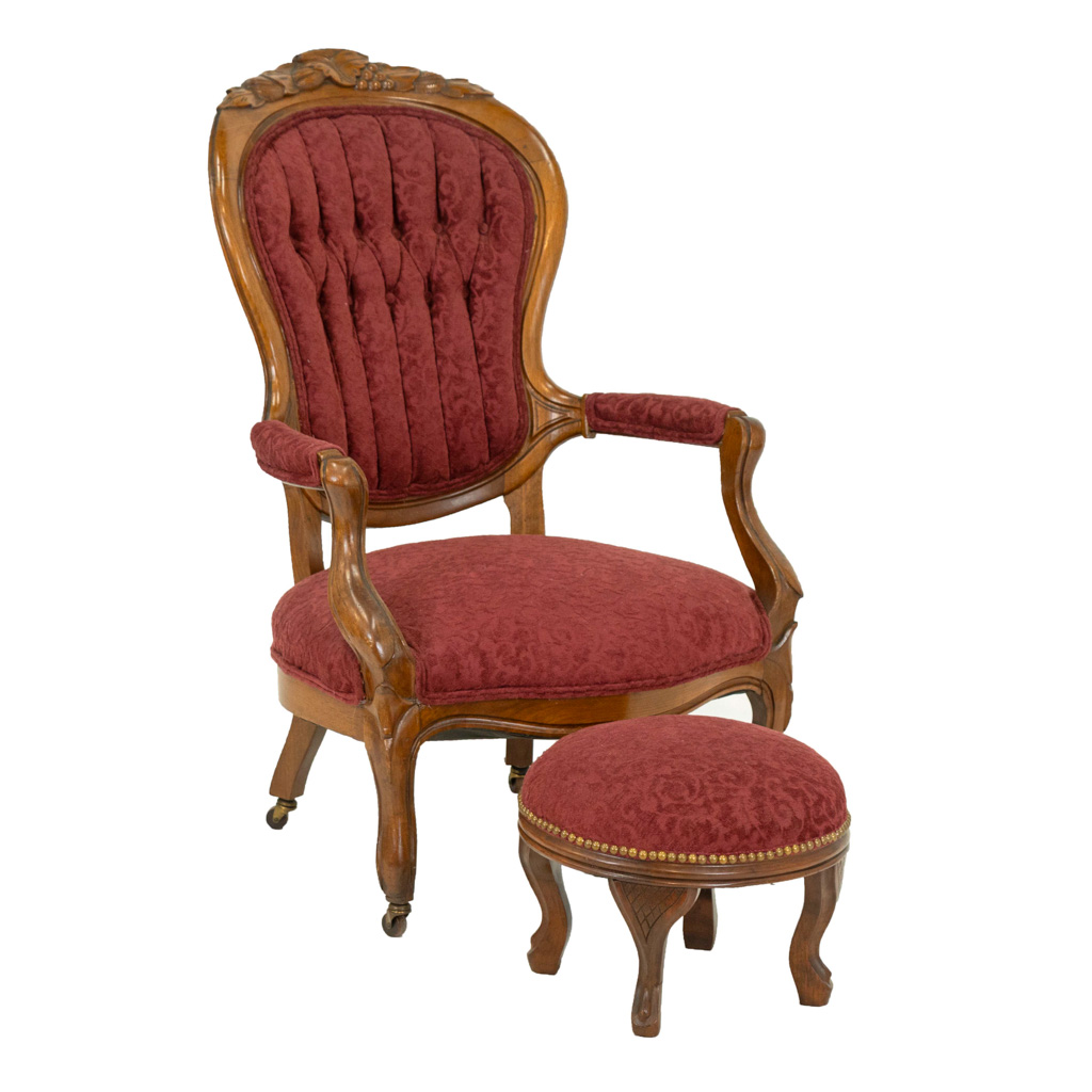 Antique Victorian Armchair and Stool in Burgundy Raised Chenille