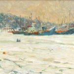 HAROLD WOLPOFF Original Oil on Canvas Painting of Boats at Dock - Image 2