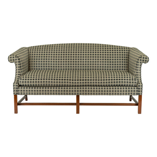 Custom Upholstered Chippendale Style Sofa in Gridded Charcoal - Image 1