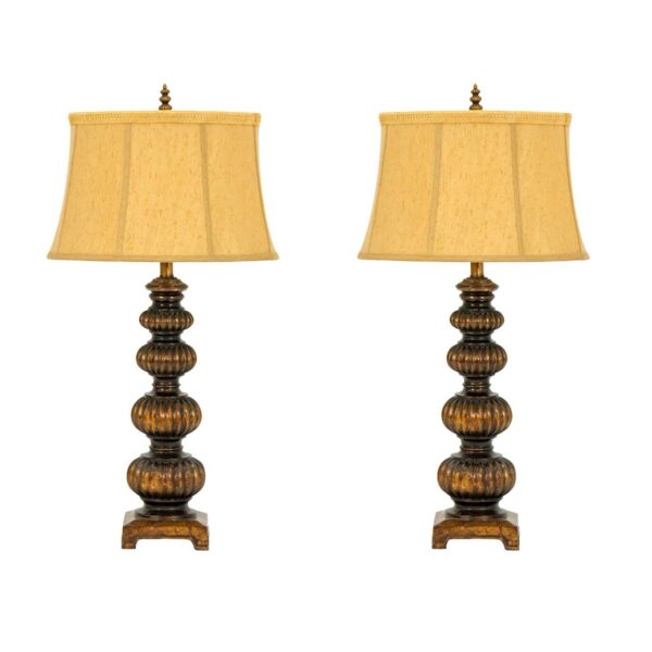 Pair of Burnished Gold Stacked Fluted Orb Lamps - Image 1