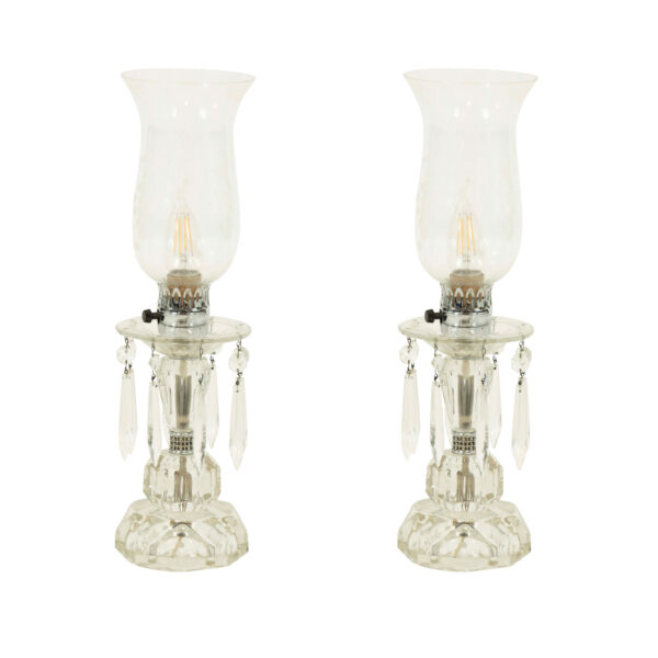 Pair of Vintage Faceted Glass Vanity Lamps with Etched Glass Hurricanes - Image 1