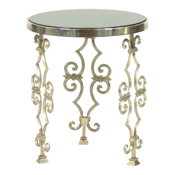 Black Granite Top Side Table on Ornate Silver Metal Base - Image 1