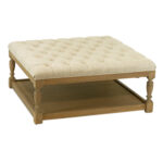 Natural Linen-Weave Upholstered Cocktail Ottoman on Wood Base