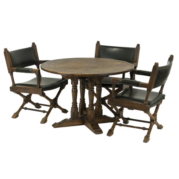 Vintage 40” Round Game Table with 3 Faux Leather Chairs - Image 1
