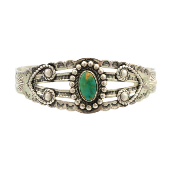 Sterling Silver Bangle with Turquoise and Scroll Detail - Image 1