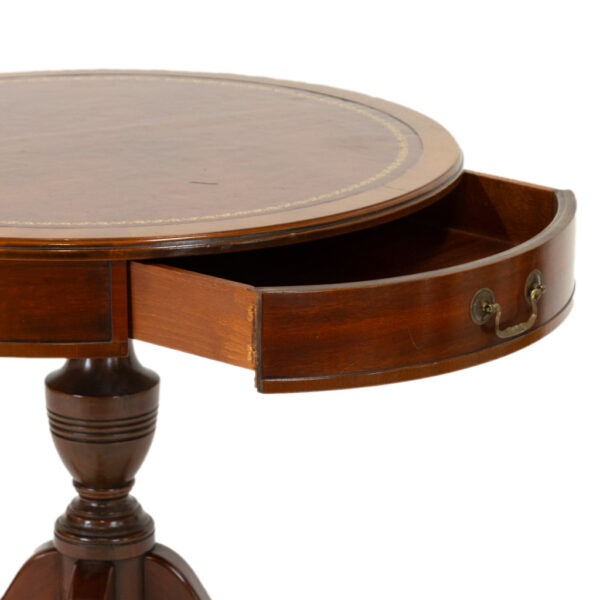 Vintage Pedestal Drum Table with Tooled Leather Top - Image 3