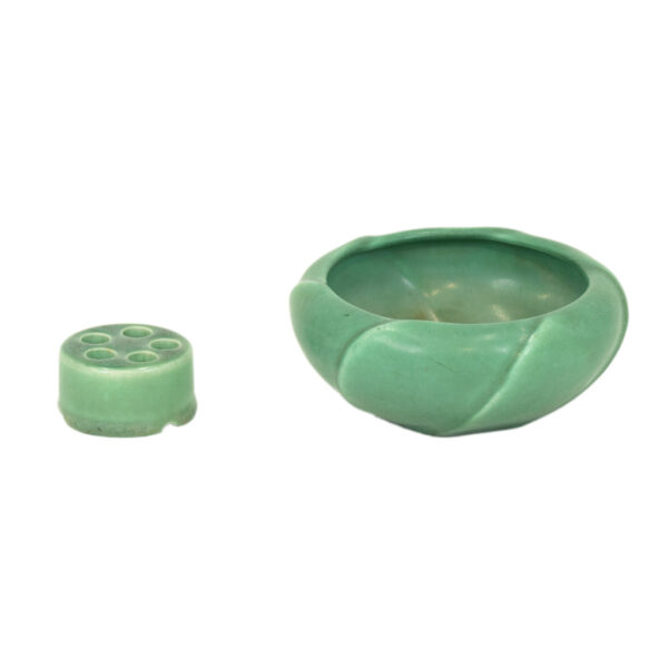 Vintage ROOKWOOD Glazed Bowl with Flower Frog in Matte Green - Image 3