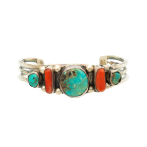 Turquoise and Coral Cuff in Sterling Silver