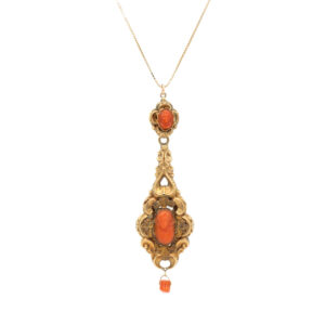 Coral Double Cameo and Gold Fill Pendant on 14 Karat Gold Chain