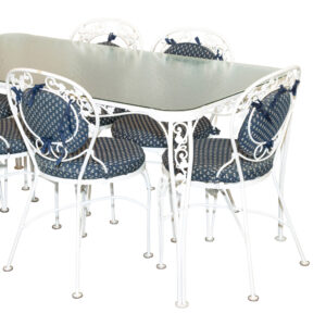 Vintage Outdoor White Metal and Glass Dining Table with 6 Chairs