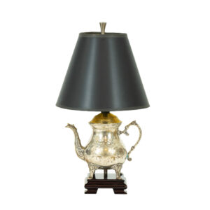 Silver Plated Teapot Lamp with Black Shade