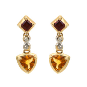 Pair of Citrine and Diamond Drop Earrings with Garnet Accent in 14 Karat Gold