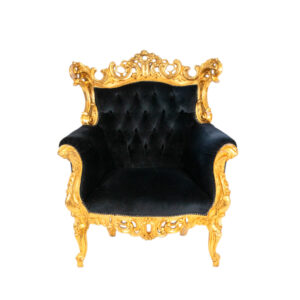 French Baroque Style Gold Gilt Armchair with Tufted Black Velvet Upholstery