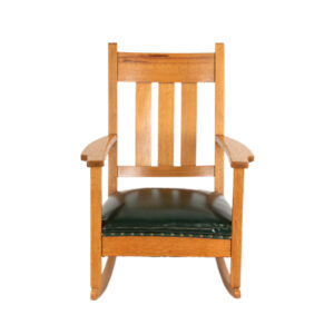 Antique Mission Oak Rocking Chair with Green Faux Leather Seat
