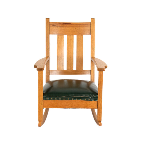 Antique Mission Oak Rocking Chair with Green Faux Leather Seat - Image 1