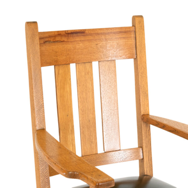 Antique Mission Oak Rocking Chair with Green Faux Leather Seat - Image 3