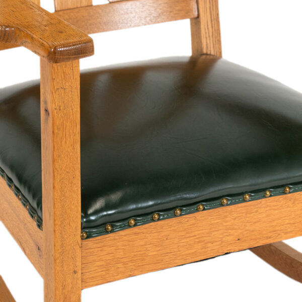 Antique Mission Oak Rocking Chair with Green Faux Leather Seat - Image 4