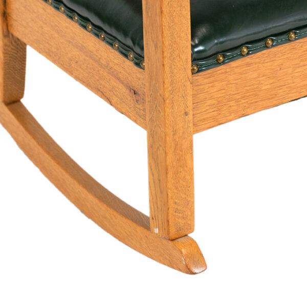 Antique Mission Oak Rocking Chair with Green Faux Leather Seat - Image 5