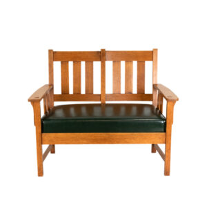 Antique Mission Oak Bench with Green Faux Leather Seat