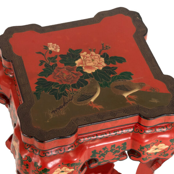 Vintage Chinese Red Lacquer Floral Side Table - Image 2