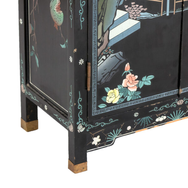 Vintage Chinoiserie Two Door Cabinet in Black Finish - Image 5